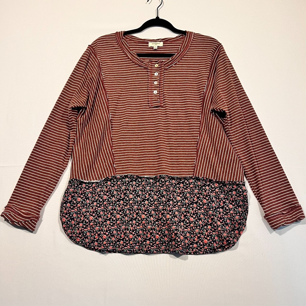 umgee USA Blouse Popover Floral Striped Long Sleeve Casual Split Hem Women's S